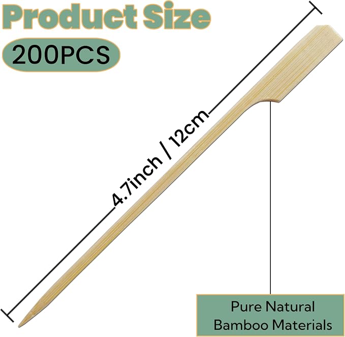 200 PCS 4.7 Inch Mini Small Bamboo Skewers for Appetizers, Short Wooden Paddle Toothpicks for Fruit Kabobs, Sandwich Food Picks, Flat Wood Sticks for Charcuterie