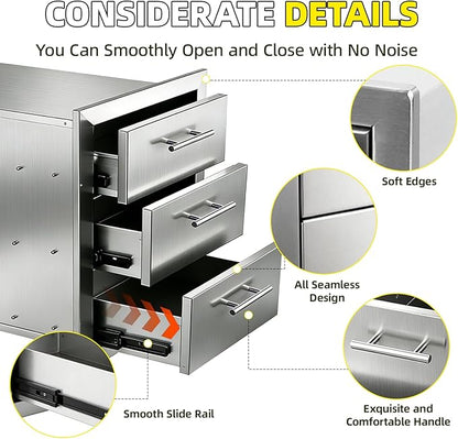 Outdoor Kitchen Drawers 18" W x 20.5" H x 20.5" D Stainless Steel Flush Mount Modular Cabinet, with Chrome Handle for Outdoor Kitchens or BBQ Island Patio Grill Station