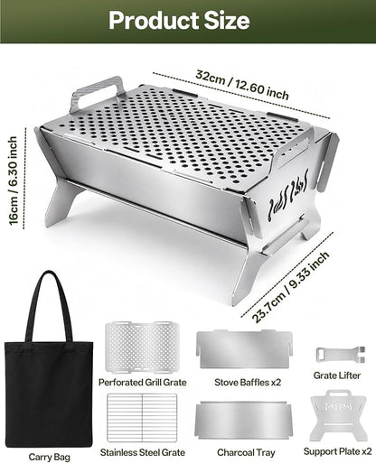 Charmline Portable Fire Pit with 2 Cooking Grates, Small Charcoal Grill | Grill & Fire Pit Combo, Tool-Free Setup, Open and Perforated Grates, Polished Edges, Snap-Lock Structure, Saving Space
