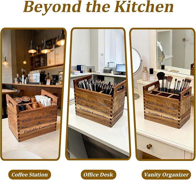 Portable Acacia Wood Kitchen Utensil Holder with Handle, Warm Aesthetic 4-Compartment Flatware Organizer, Utensil Holder Counter for Parties Picnics RV Dining