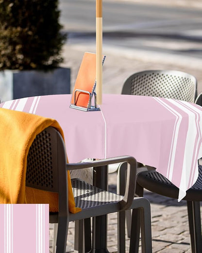 QueenKer Outdoor Tablecloth with Umbrella Hole, Farmhouse Pink White Stripe Square Tables Waterproof Tabletop Collection for Patio, Garden, Picnic, Camping, Dining 60 x 60 inch
