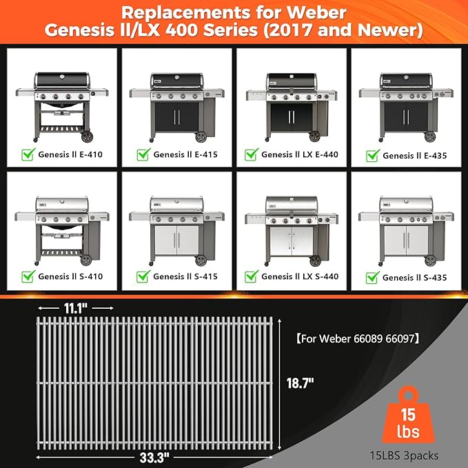 QuliMetal 66089 Grill Grates for Weber Genesis 2 E-410/E-415/E-435, Grill Parts for Weber GS4 Genesis II/LX E-440 Series Gas Grills, 18.7" Stainless Steel Replacements for Weber 66089 66097