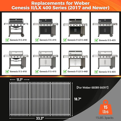 QuliMetal 66089 Grill Grates for Weber Genesis 2 E-410/E-415/E-435, Grill Parts for Weber GS4 Genesis II/LX E-440 Series Gas Grills, 18.7" Stainless Steel Replacements for Weber 66089 66097