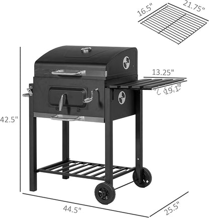 Charcoal BBQ Grill, Outdoor Portable Cooker for Camping or Backyard Picnic with Side Table, Bottom Storage Shelf, Wheels and Handle, Black