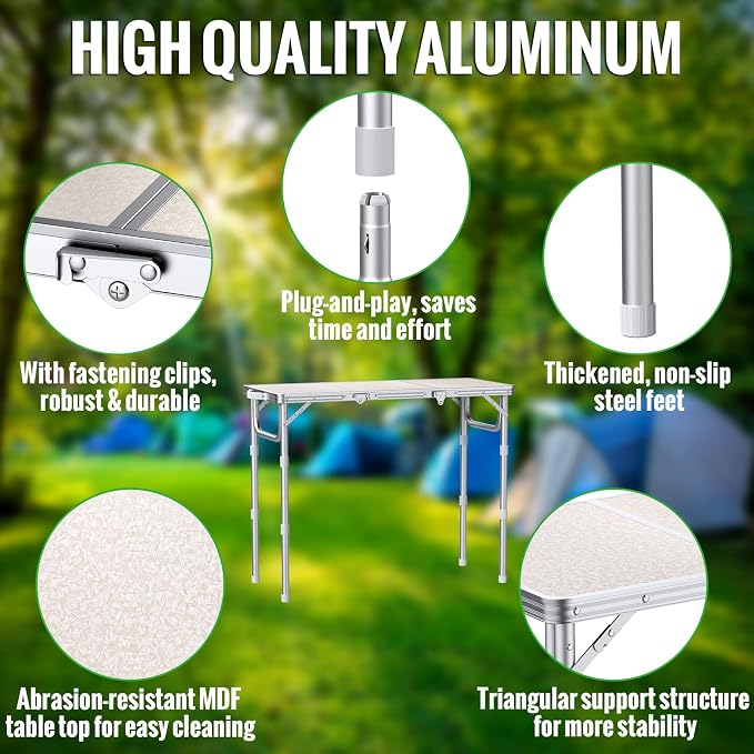 GARLLEN Folding Camping Table with Storage Bag, Max Capacity 66lbs | 3-Height Adjustable Picnic Table with MDF Tabletop, Portable Aluminum Outdoor Table for Camping, Travel, 34.2" L x 15.7" W