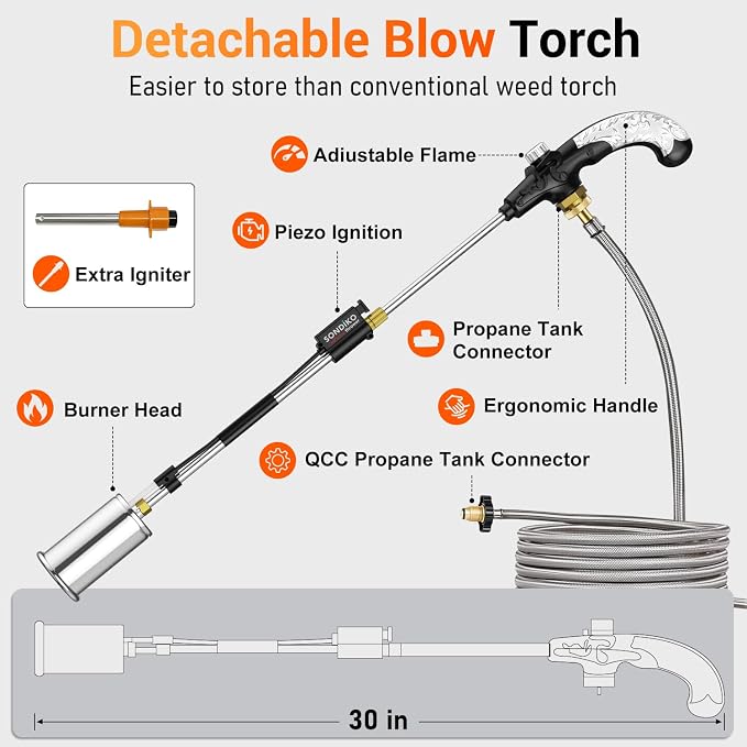 Sondiko Propane Torch Weed Burner with 10 FT Hose, High Output Weed Torch | 30" Detachable Long Arm Heavy Duty Blow Torch with Flame Control(Tank Not Included)