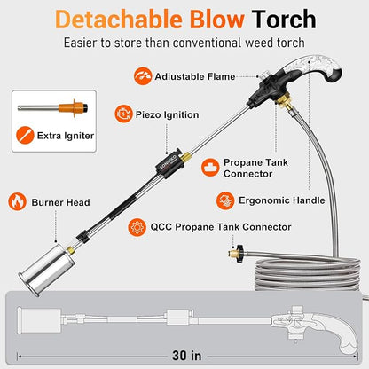 Sondiko Propane Torch Weed Burner with 10 FT Hose, High Output Weed Torch | 30" Detachable Long Arm Heavy Duty Blow Torch with Flame Control(Tank Not Included)