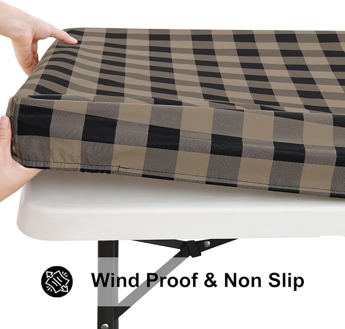Smiry Rectangle Picnic Table Cloth, Elastic Waterproof Fitted Vinyl Tablecloths, Flannel Backed Buffalo Plaid Table Covers for Dining, Camping, Outdoor (Black and Khaki, 30" x 72")