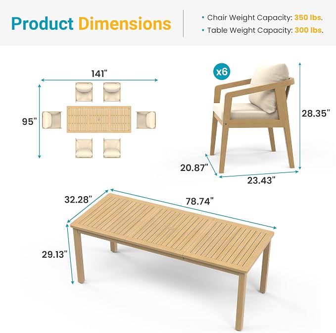 Wisteria Lane 7-Pieces Acacia Patio Table and Chairs Set for 6, Outdoor Dining Set with Umbrella Hole Table, Modern Patio Table Set with Cushion, Patio Furniture Set for Backyard Deck Garden Porch