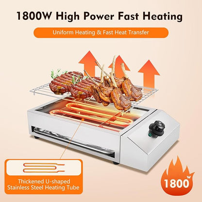 Countertop Electric BBQ Grill, 1800W Commercial Electric BBQ Grill Outdoor with Adjustable Temperature Range Practical Tray and Portable Commercial Non-Stick Barbecue Griddle Rack for Domestic Party