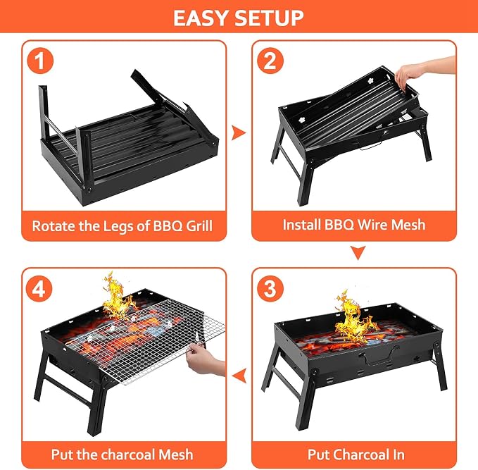 Moclever Folding Portable Charcoal Grill – Stainless Steel Mini BBQ Grill for Outdoor Cooking, Camping, Picnics, Beach, Tailgating, Compact & Easy to Carry