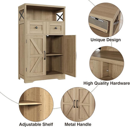 Befrases Natural Wood Storage Cabinet with Drawers and Shelves, Standing Kitchen Pantry Cabinet, Floor Storage Cabinet Hutch Cupboard, Coffee Bar Station for Dining Living Room Home Office