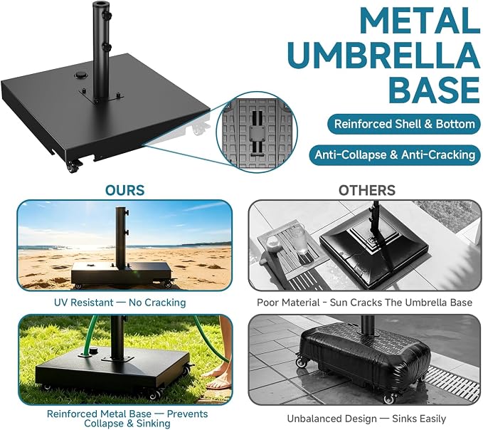 Metal Umbrella Base, 21 inch Heavy Duty Umbrella Stand with 4 Wheels | 140 lbs Max Capacity Fillable Base, 2 Locks & 2 Knobs, Rust-Resistant & Windproof Design for Outdoor, Patio, Poolside
