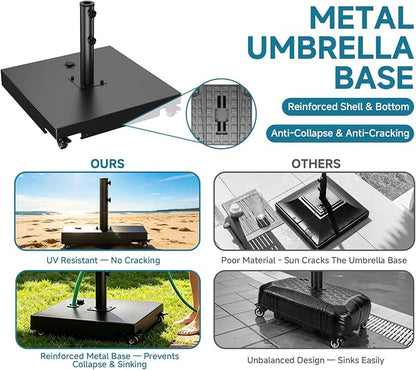 Metal Umbrella Base, 21 inch Heavy Duty Umbrella Stand with 4 Wheels | 140 lbs Max Capacity Fillable Base, 2 Locks & 2 Knobs, Rust-Resistant & Windproof Design for Outdoor, Patio, Poolside