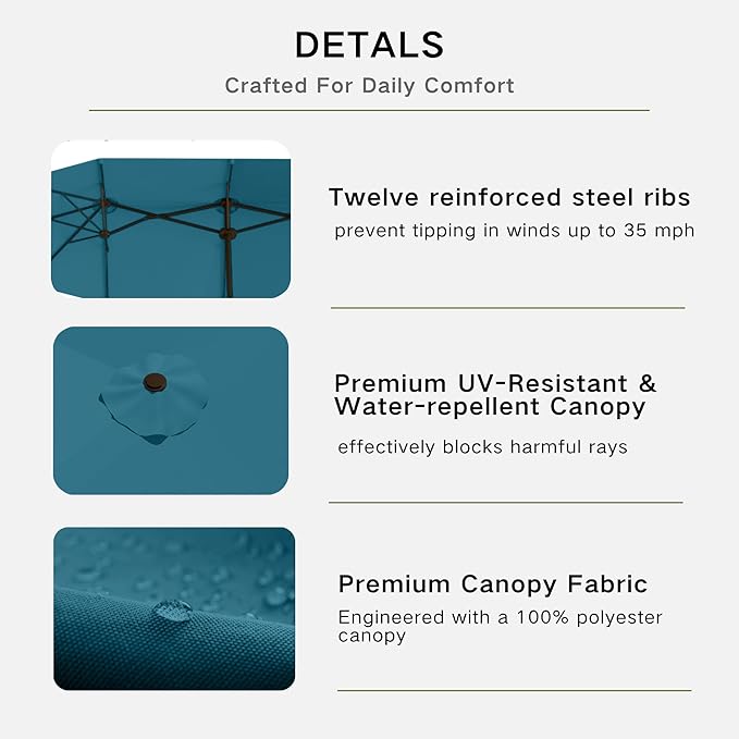 Kingdura 13ft Large Patio Umbrella with Base Included, Double-Sided Rectangle Outdoor Table Umbrella with 12 Reinforced Ribs, Crank Lift for Market Pool Deck Backyard, Lake blue