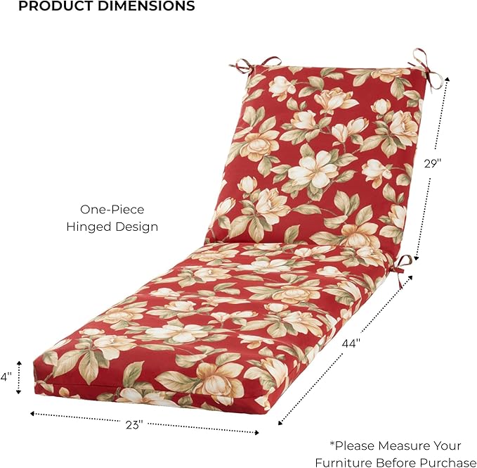 Modern Outdoor Chaise Lounge Cushion with Ties – Durable Polyester Fabric, Channel-Filled Polyfiber Insert, Removable Zippered Cover, Roma Floral
