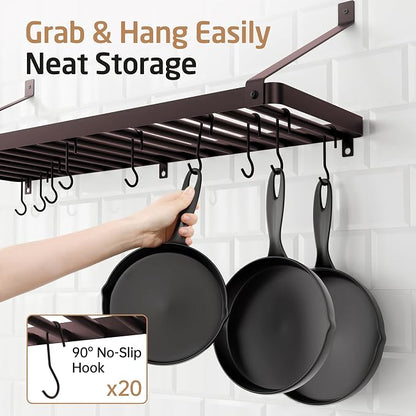 KES 75lb High-Capacity Oil Bronze Pot Rack Wall Mounted with Pot Lid Holder | 34 Inch Heavy-Duty Pots and Pans Hanging Rack with 20 Hooks, Drilling Template Provided for Easy Install