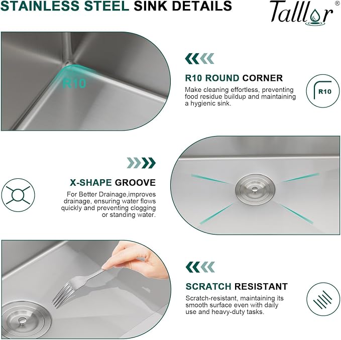 Undermount Kitchen Sink - 33 Inch Undermount 16 Gauge Stainless Steel Kitchen Sink Under Counter Single Bowl Sinks Round Corner, 33"x19"x9" #TLU-0024
