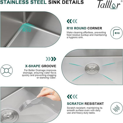 Undermount Kitchen Sink - 33 Inch Undermount 16 Gauge Stainless Steel Kitchen Sink Under Counter Single Bowl Sinks Round Corner, 33"x19"x9" #TLU-0024