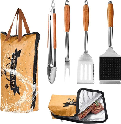 5in1 Heavy-Duty Rose Wooden BBQ Grilling Tools Set and BBQ Blanket for Resting Meat, Extra Thick SS Multi-Function Spatula, Fork, Brush & Tongs, Reusable Smoker Meat Insulated Bag, Ideal Gifts for Men