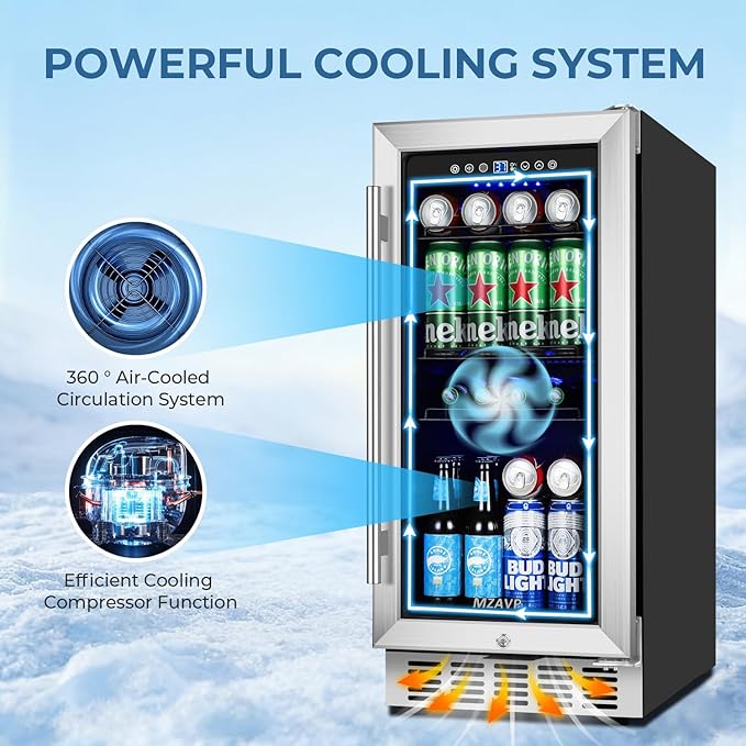 15 Inch Beverage Refrigerator Under Counter, 130 Cans Beverage Fridge Built-in or Freestanding, 15" Drink Cooler with Glass Door, Blue LED Light, Safety Lock - for Home/Kitchen(3.1 cu.ft)