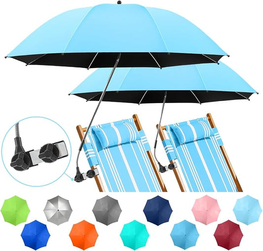 2 PACK Beach Umbrella with Clamp, 360 ° Adjustable Umbrellas for Chair, UPF50+ Umbrella for Beach Chair, Patio Chair, Wheelchair, Camping Chair, Golf Carts (Chair Not Included)