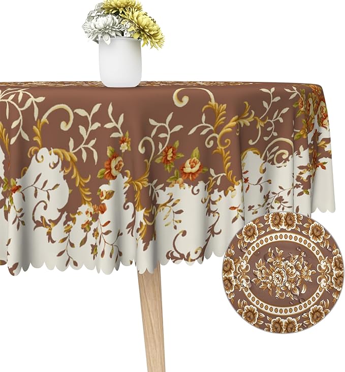 French Floral Circle Tablecloth Brown Flowers Tablecloths Vintage Luxury Classic Design Waterproof Rectangle Polyester Resistant Round Table Cover for Picnic Dinner Decor 60 Inch