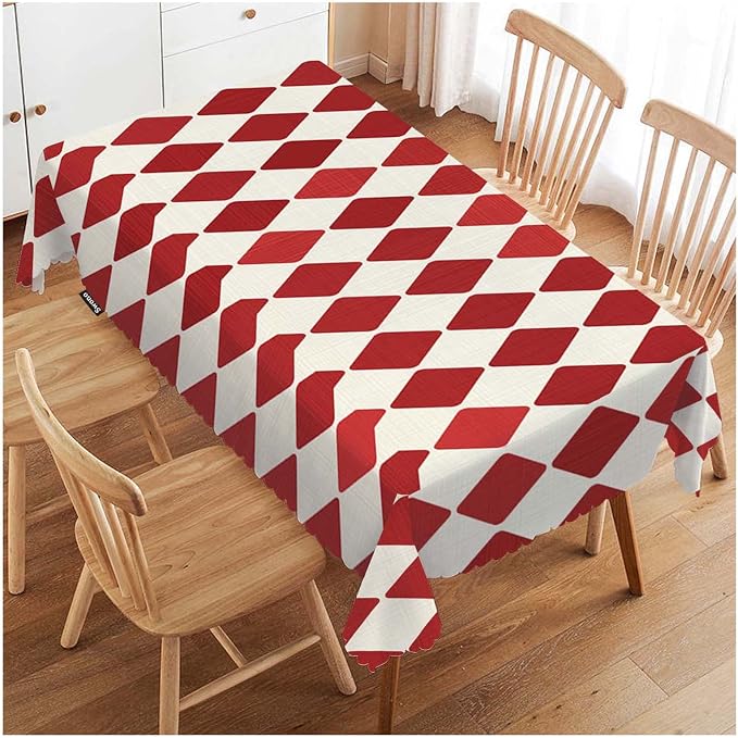 Swono Tablecloth Red Rhombuses, Retro Diamond Argyle Red Table Cloth for Kitchen Dining Tabletop Decoration Parties Weddings, 52 X 70 Inch Rectangle Picnic Tablecloth