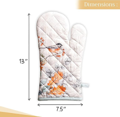 Maison d' Hermine Oven Gloves 100% Cotton Oven Mitt 7" x 13" with Loop Heat Resistant BBQ Cooking Gloves for Thanksgiving Christmas Decorations Handling Hot Pans (Pack of 1, Whitish Shabby Chique)