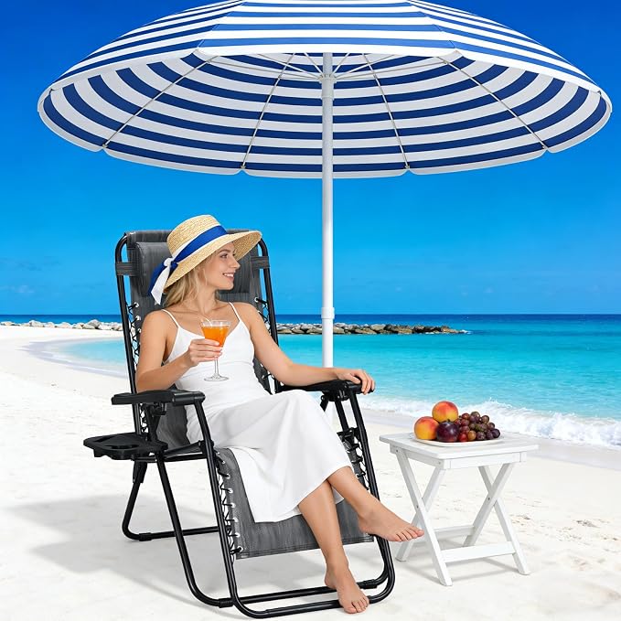 Zero Gravity Chairs Set of 2, Adjustable Lounge Chair Outdoor Recliner, Folding Reclining Lawn Chair, Anti Gravity Chair with Pillow & Cup Holder for Pool Camping Sunbathing Beach Patio (Gray)
