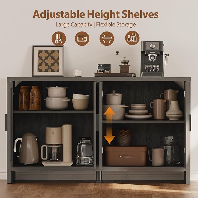 Rattan Buffet Cabinet with Storage, Sideboard with Doors, Console Table, Farmhouse Coffee Bar, Modern Wood Long Cabinets (Brown Black)