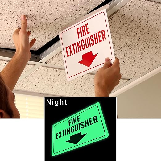 SmartSign "Fire Extinguisher" Two-Sided Drop Ceiling Z Sign with Down Arrow, 7 x 10 inch, 35 mil Aluminum Sign, Hang/Suspend from Ceiling Tile, Red/White, Made in USA