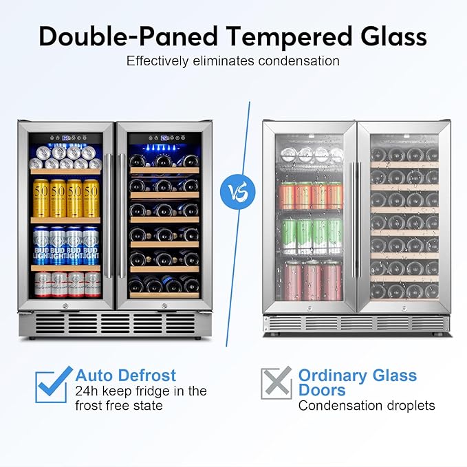 30" Dual Zone Wine and Beverage Refrigerator, Under Counter or Freestanding | 29-Bottle 110-Can capacity, Fast cooling, Ideal for home bar office, Adjustable shelves, Temperature memory, LED display