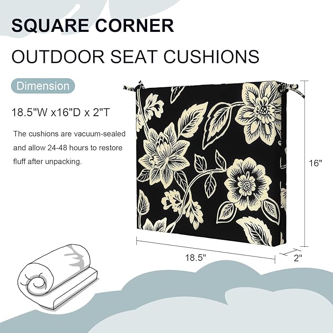 DYTXIII Set of 4 Outdoor Chair Cushions, Water Resistant 18.5"x16"x2" Square Seat Cushion for Patio Dining Chairs, High-Density Replacement Pads for Indoor Outdoor Furniture - Vines Black