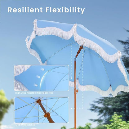 PHI VILLA 7ft Fringe Beach Umbrella with Sand Anchor, Outdoor Patio Portable Beach Umbrella for Sand with Tassels, Push Button Tilt & Carrying Bag, UPF 50+, Light Blue