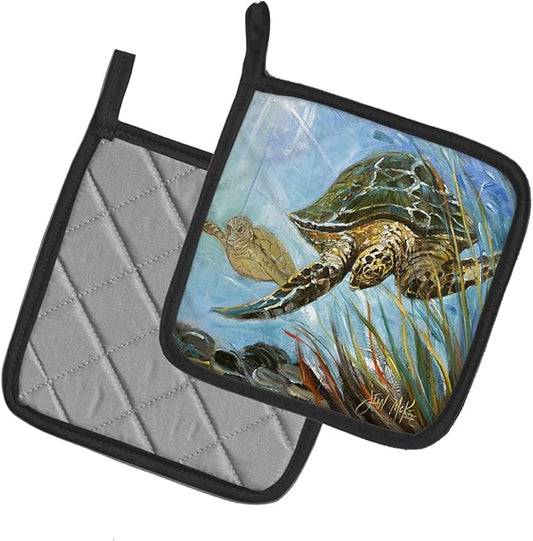 Caroline's Treasures JMK1261PTHD Loggerhead Sea Turtle Pair of Pot Holders Kitchen Heat Resistant Pot Holders Sets Oven Hot Pads for Cooking Baking BBQ, 7 1/2 x 7 1/2