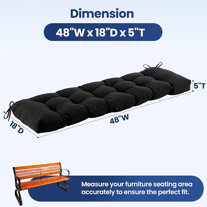 IASEAHK Outdoor Bench Cushion 48x18x5 Inch, Waterproof & Fade-Resistant Patio Furniture Cushions, Tufted Memory Foam Indoor/Outdoor Cushions for Couch Swing with Non-Slip Backing & Straps, Black