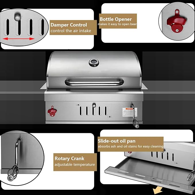 Built In Charcoal Grills Outdoor Kitchens,28-Inch Stainless Steel Charcoal bbq Grill Built In with Liftable Charcoal Tray,Insulated Hood, Temperature Gauge and Rain Fabric cover (Round Lid)