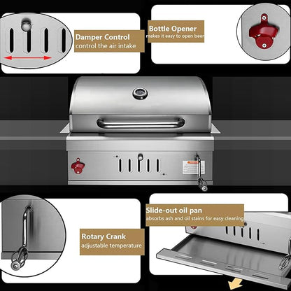 Built In Charcoal Grills Outdoor Kitchens,28-Inch Stainless Steel Charcoal bbq Grill Built In with Liftable Charcoal Tray,Insulated Hood, Temperature Gauge and Rain Fabric cover (Round Lid)