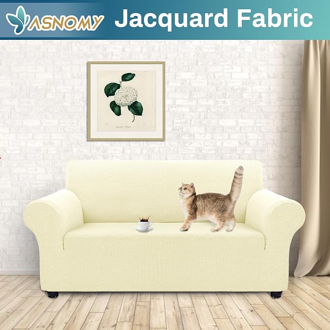 Asnomy Stretch Couch Covers Washable, loveseat Covers Slipcovers,Off-White | 1-Piece Sofa Cover(55"-78") loveseat cover Furniture Protector Soft Jacquard,Non-Slip Elastic Bottom for Dogs & Kids