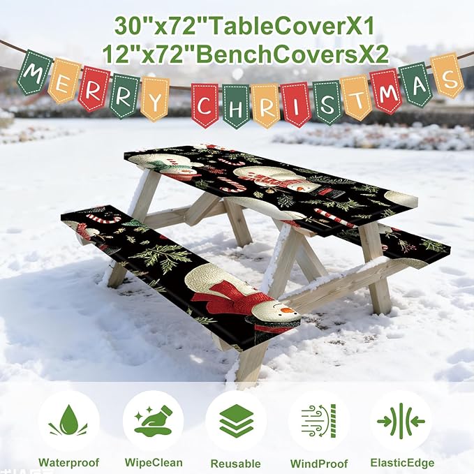 Christmas Picnic Table Cover with Table Cover, Elastic Tablecloth for Outdoor Picnic Table, Designed with Black Snowman and Candy Cane, Tablecloth for Camping, Barbecue and Holiday Parties