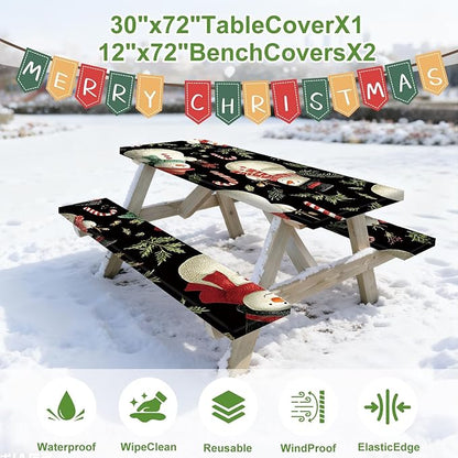 Christmas Picnic Table Cover with Table Cover, Elastic Tablecloth for Outdoor Picnic Table, Designed with Black Snowman and Candy Cane, Tablecloth for Camping, Barbecue and Holiday Parties