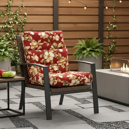 Outdoor Tufted High-Back Chair Cushions, One-Piece Hinged Seat and Back Design, Reversible with 4 Ties, Durable Polyester Fabric, Recycled Fiber Fill - Single, Roma Floral