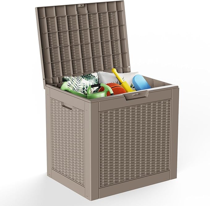 Pepe Tee 30 Gallon Deck Box, Waterproof Resin Outdoor Storage Box with Lid, All-Weather Garden Tool Organizer, Charcoal