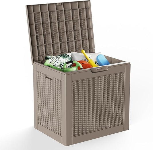 Pepe Tee 30 Gallon Deck Box, Waterproof Resin Outdoor Storage Box with Lid, All-Weather Garden Tool Organizer, Charcoal