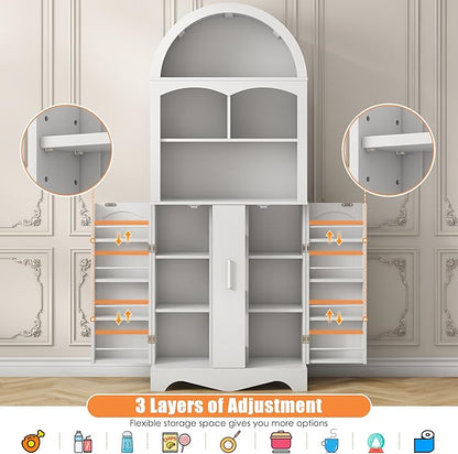 kepptory 75”Arched Pantry Cabinets with Microwave Shelf, Tall Kitchen Pantry Storage Cabinet with Drawer and Adjustable Shelves, Cupboards with LED Light for Kitchen, Living Room, Dining Room Use