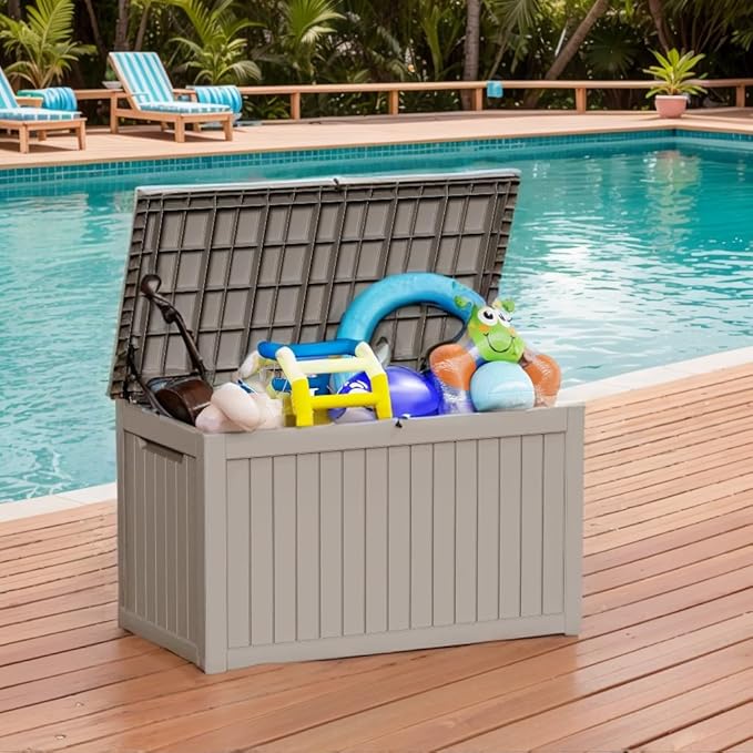 150 GallonOutdoor Storage Box,Resin Deck Boxes Waterproof, IndoorOutdoor Bin for Package Delivery, Patio Cushions, Gardening Tools, Lockable, UV Resistant