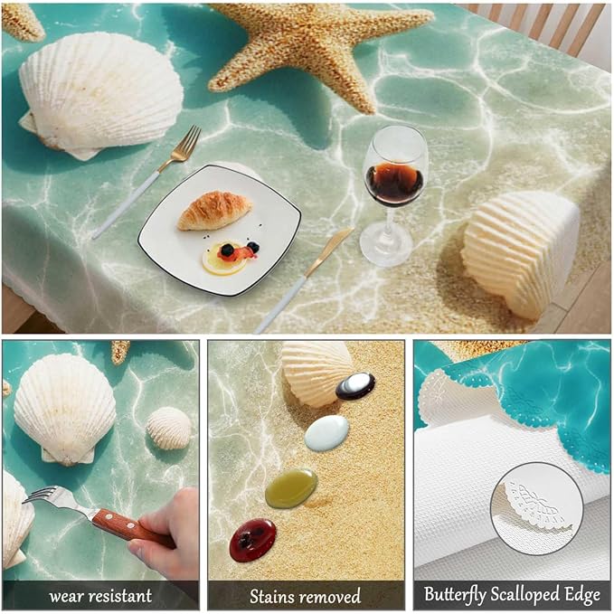 Swono 52x70 Inch Ocean Beach Tablecloth Summer Starfish and Seashell Ocean Sea Farmhouse Dining Table Cloth Anti-Stain Talking Table Cover for Kitchen Dinning Room Coffee Store