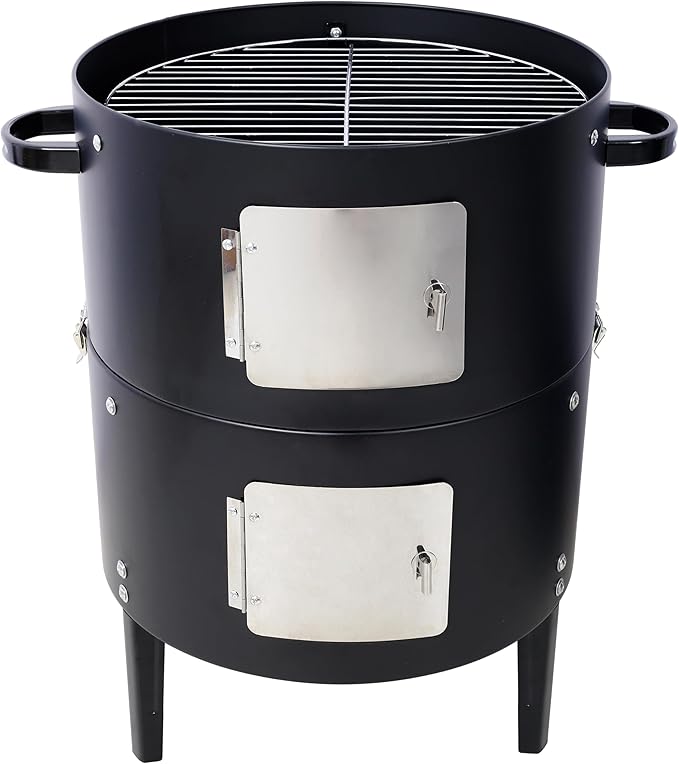 17 Inch Heavy Duty Steel Charcoal Smoker, Round BBQ Grill, Portable Outdoor Barbecue Grill for Backyard Camping Party Cooking, Black