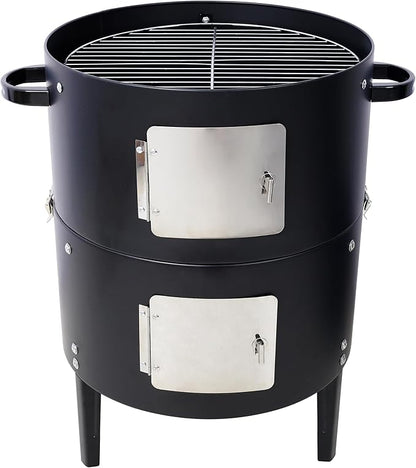 17 Inch Heavy Duty Steel Charcoal Smoker, Round BBQ Grill, Portable Outdoor Barbecue Grill for Backyard Camping Party Cooking, Black
